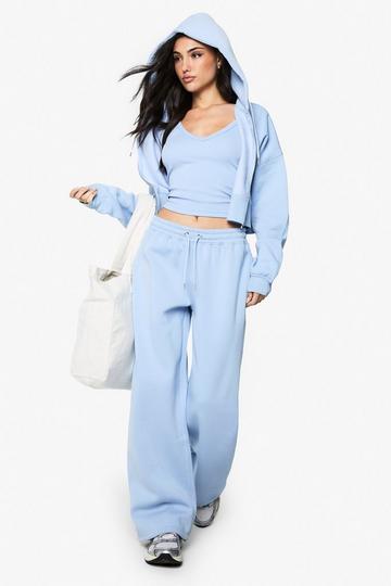 Ribbed V Neck Vest Top 3 Piece Hooded Tracksuit light blue