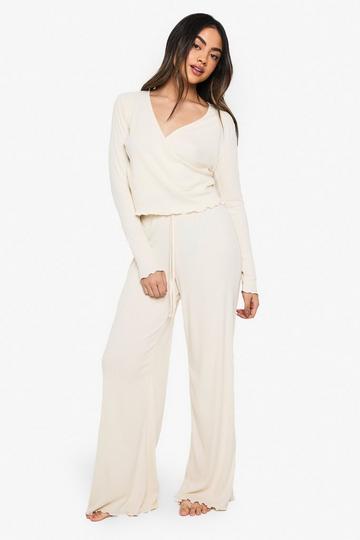 Soft Rib Long Sleeve Wrap Top & Trousers Lounge Set cream