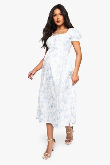 Maternity Bengaline Puff Sleeve Porcelain Print Milkmaid Midi Dress light blue