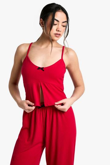 Bow Trim Ribbed Cami and Trouser Pyjama Set red