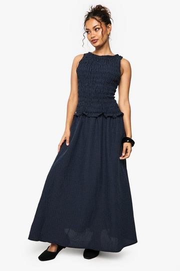 Gingham Shirred Detail Drop Waist Midaxi Dress navy