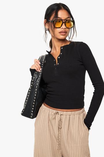 Popper Front Rib Long Sleeve Top black