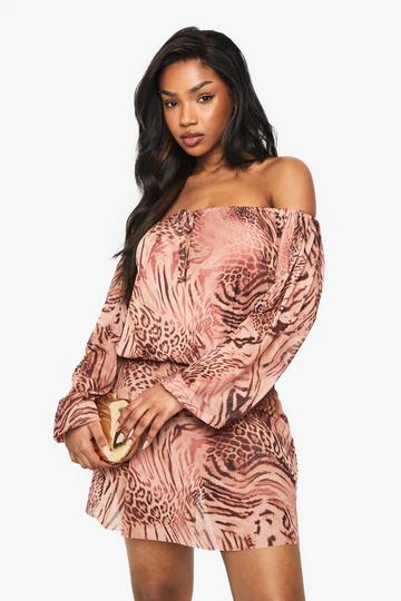 Brown Animal Mesh Blouson Mini Dress