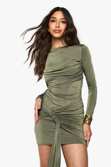 Olive Green Double Layer Slinky Drape Maxi Dress