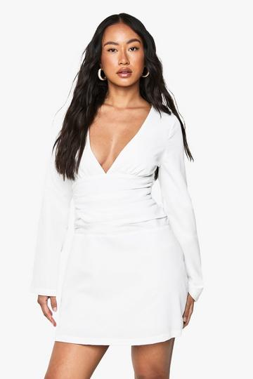 Long Sleeve Plunge Ruched Mini Dress white