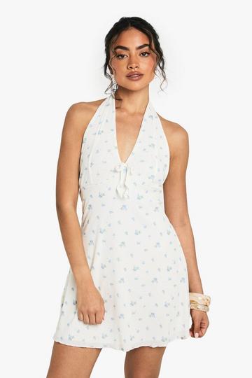 Ditsy Floral Lace Halter Mini Dress white