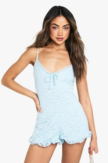 Lace Strappy Frill Trim Playsuit blue