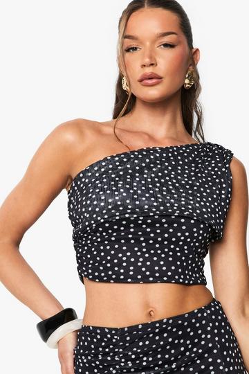 Polka Dot Mesh Off Shoulder Top black