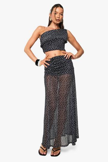 Polka Dot Mesh Ruched Maxi Skirt black