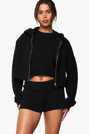 Waffle Zip Through Boxy Crop Hoodie black