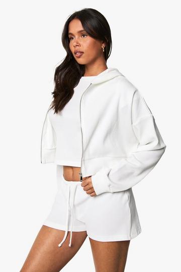 Waffle Zip Through Boxy Crop Hoodie ecru
