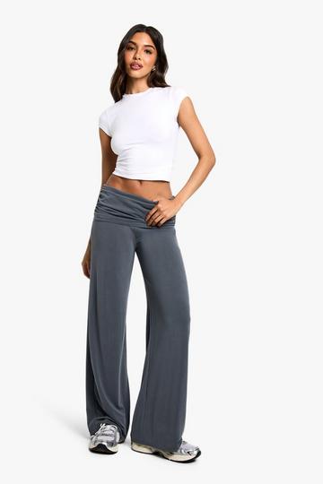 Peached Jersey Fold Over Waist Wide Leg Trousers grey