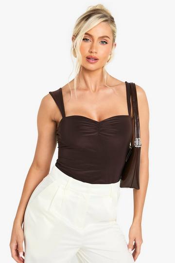 Double Layer Slinky Sweetheart Neckline Top chocolate