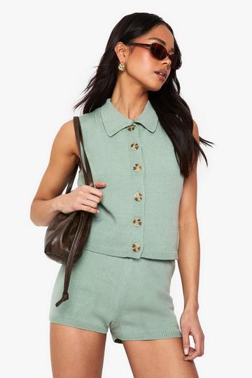 Collared Knitted Waistcoat and Knitted Short Set washed khaki