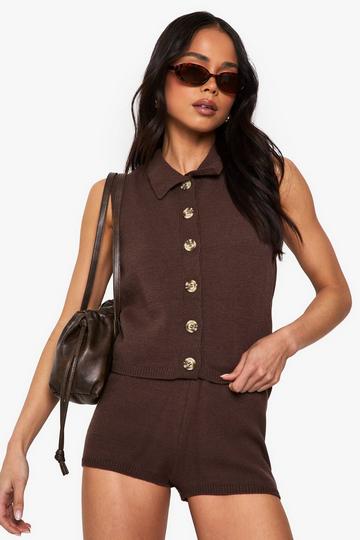 Collared Knitted Waistcoat and Knitted Short Set choc brown