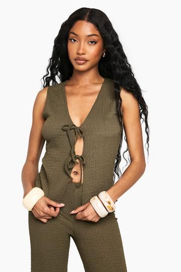 Textured Tie Front Sleeveless Top khaki