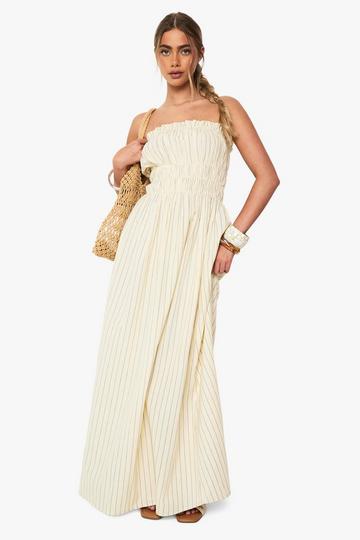 Linen Look Stripe Shirred Maxi Dress ecru