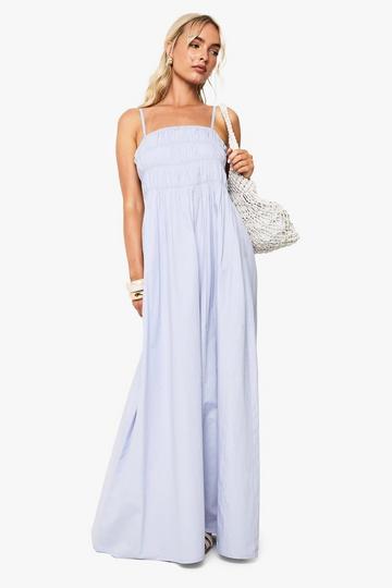 Cotton Poplin Shirred Maxi Dress light blue