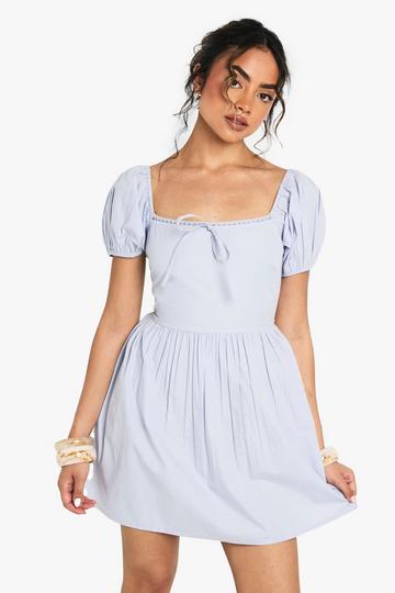 Cotton Poplin Puff Sleeve Mini Dress light blue