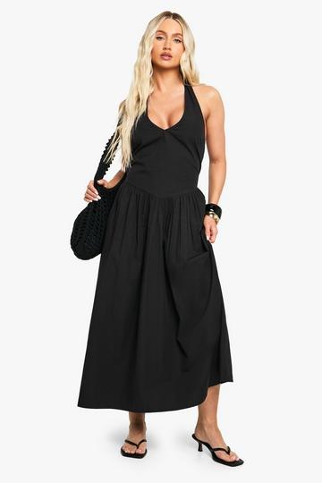 Cotton Poplin Halter Neck Midi Dress black