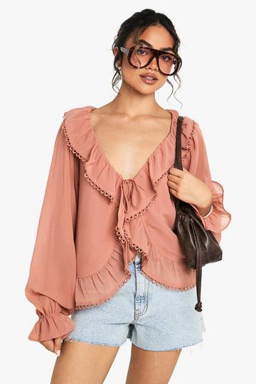 Ruffle Chiffon Crochet Trim Blouse blush