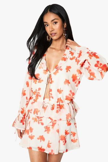 Floral Chiffon Ruffle Blouse red