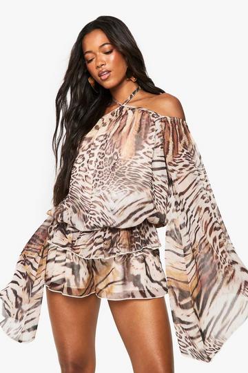 Mixed Animal Print Chiffon Kimono Sleeve Playsuit brown