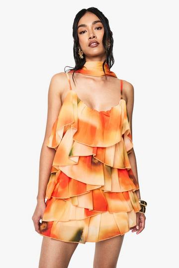 Abstracte Chiffon Wazige Mini Jurk Met Sjaal Detail orange