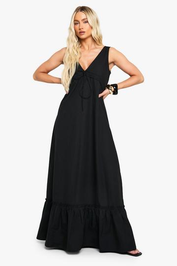 Cotton Poplin Ruched Tiered Maxi Dress black
