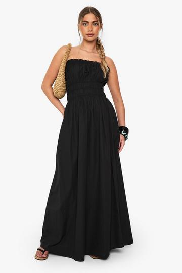 Cotton Poplin Shirred Maxi Dress black