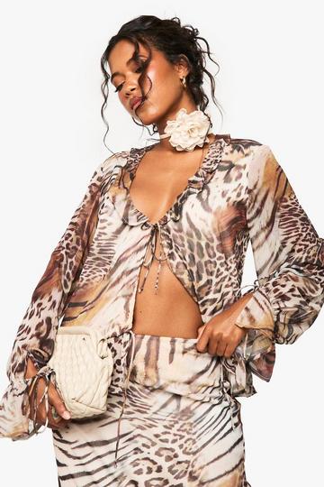 Animal Chiffon Ruffle Blouse brown