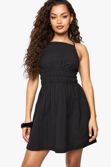 Linen Look Ruched Mini Dress black
