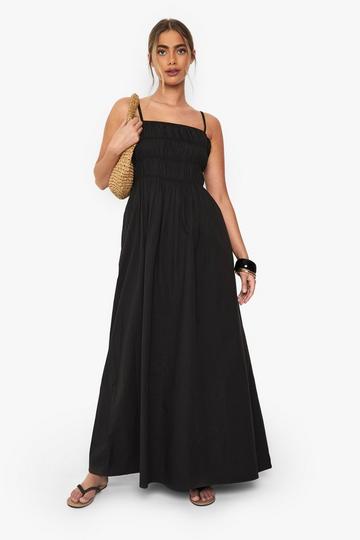 Cotton Poplin Shirred Maxi Dress black