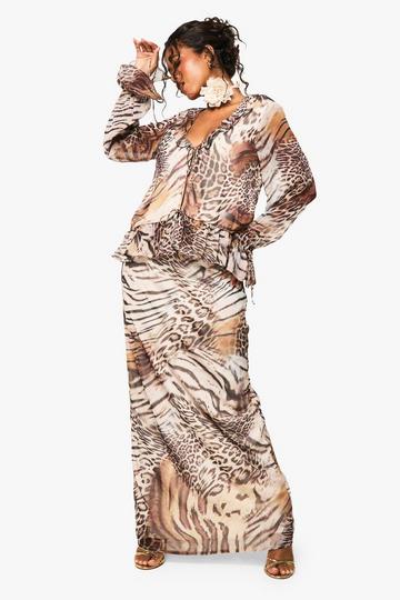 Animal Chiffon Maxi Skirt brown