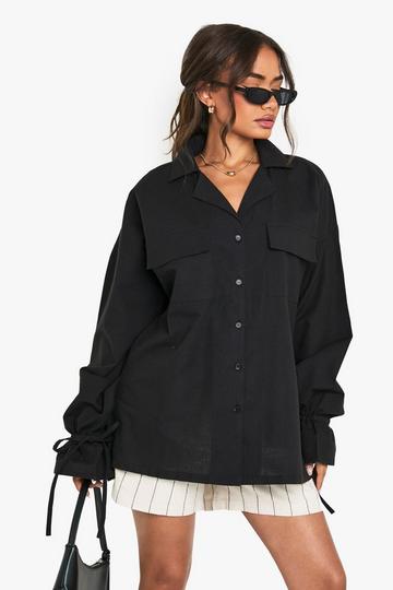 Linen Oversized Tie Cuff Shirt black