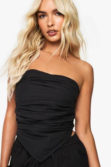 Linen Pleated Bandeau Crop Top black