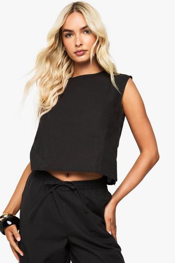 Linen Boxy Crop Top black