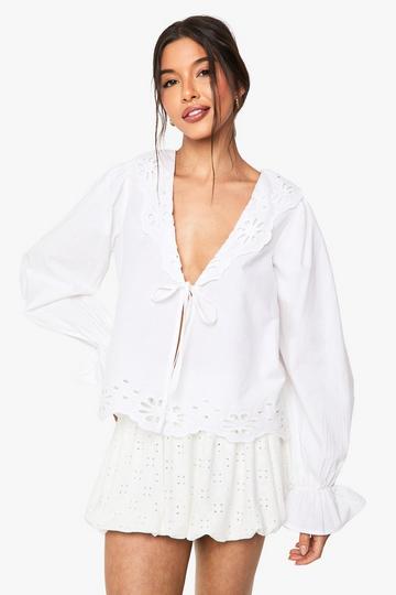 Cutwork Broderie Tie Front Blouse white