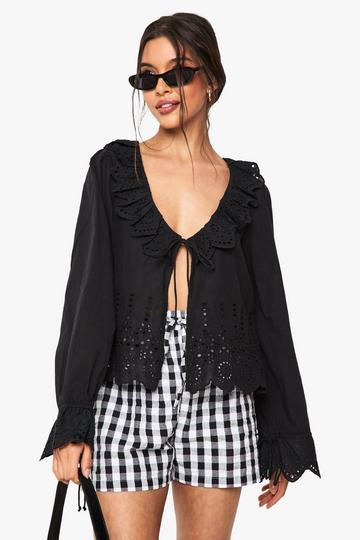 Broderie Blouse Met Strik En Ruches black