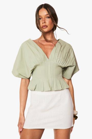 Cotton Poplin Pleated Smock Top sage