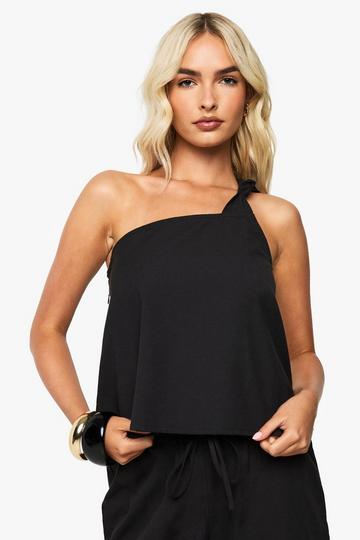 Linen Knot Detail One Shoulder Crop black