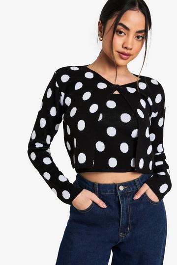 Polka Dot Button Neck Cardigan and Cami Top Set mono