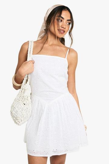 Broderie Anglaise Strappy Square Neck Mini Dress white