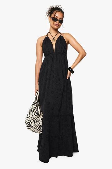Broderie Anglaise Halter neck Maxi Dress black