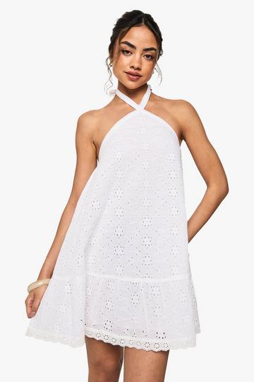 Broderie Anglaise Halter Neck Mini Dress white
