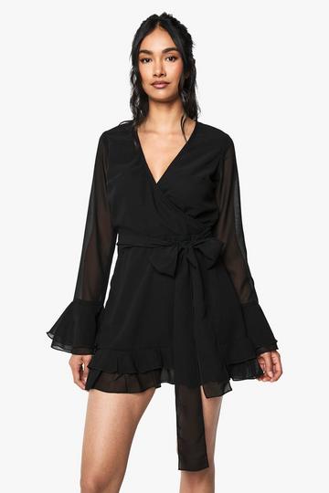 Chiffon Mini Wikkel Jurk Met Wijde Mouwen black