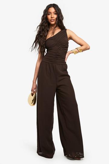 Geplooide Chiffon Jumpsuit Met Eén Blote Schouder chocolate