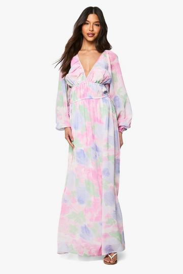 Floral Tie Waist Balloon Sleeve Maxi Dress blue