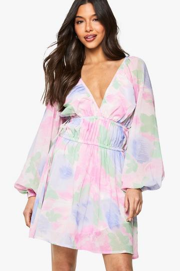 Floral Tie Waist Balloon Sleeve Mini Dress blue