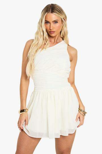 Chiffon One Shoulder Ruched Mini Dress ecru